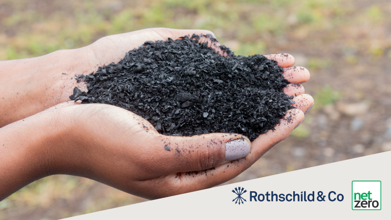 Hands holding biochar with NetZero and Rothschild & Co logo